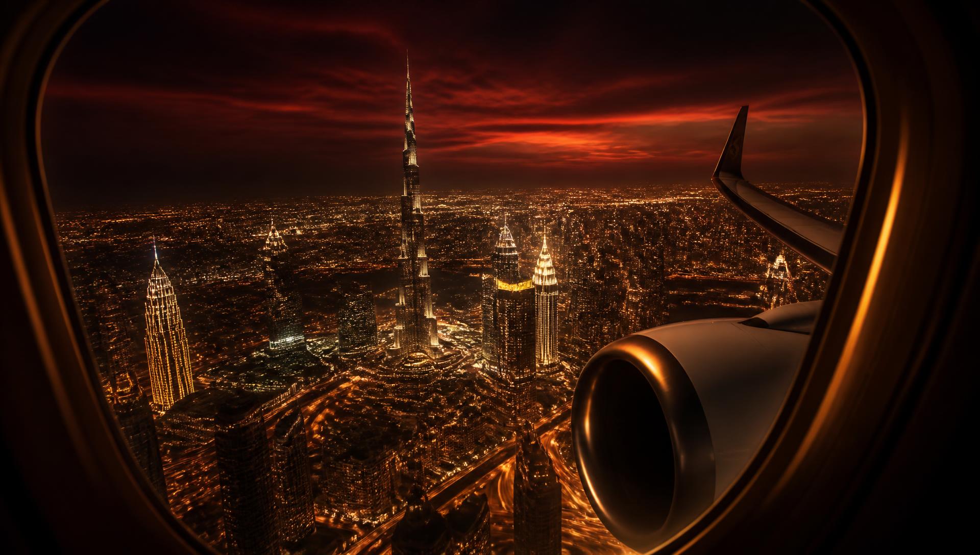 Night view of a Gulf skyline from an Emirates cabin window